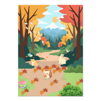 Foto Cute Autumn Forest Animals Cozy Landscape Art Post