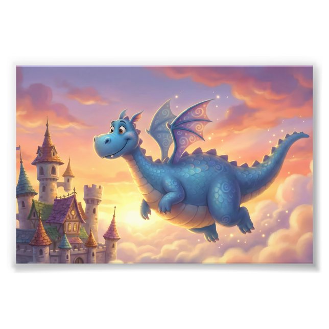 Foto Cute Blue Dragon Flying Over Castle  (Frente)