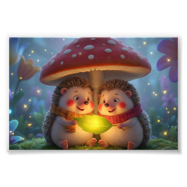 Foto Cute Hedgehog Mushroom Art – Cozy Woodland Fantasy (Frente)
