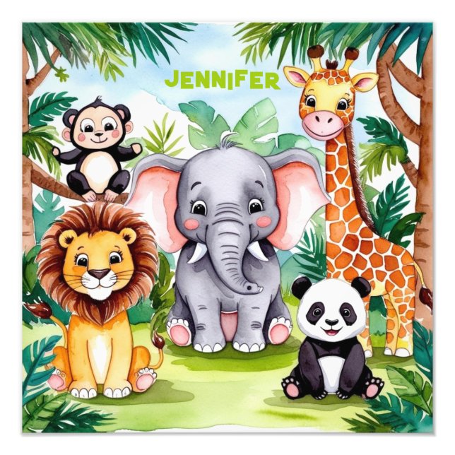 Foto Cute Kids Safari Selva Animal Personalizado Nome (Frente)