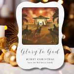 Foto da família Natal Natividade Glória a Deus<br><div class="desc">Personalize a frente deste elegante cartão de Natal adicionando sua foto de família favorita, seu nome e sua mensagem de feriado personalizada. Este cartão de Natal religioso tradicional apresenta uma cena de natividade tradicional com "Glória a Deus" exibido em um roteiro elegante de caligrafia na frente do cartão. Personalize a...</div>