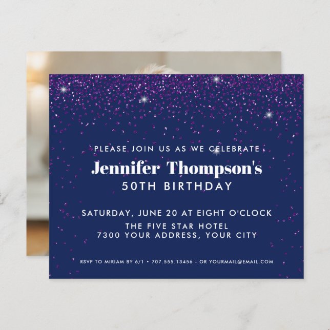 Foto de 50 de aniversário de Confetti púrpura azul (Frente/Verso)