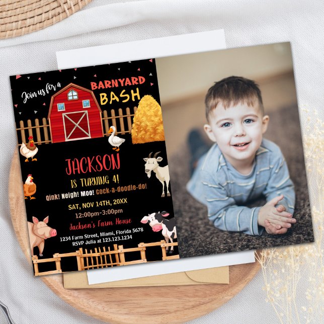Foto de Animais Pretos da Fazenda Vermelha Convite (Photo Black Red Farm Animals Birthday Invitations)