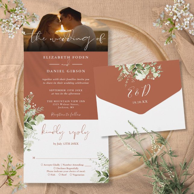 Foto de casamento com verde floral de terracota (Terracotta Floral Greenery Wedding Photo All In One Invitation)