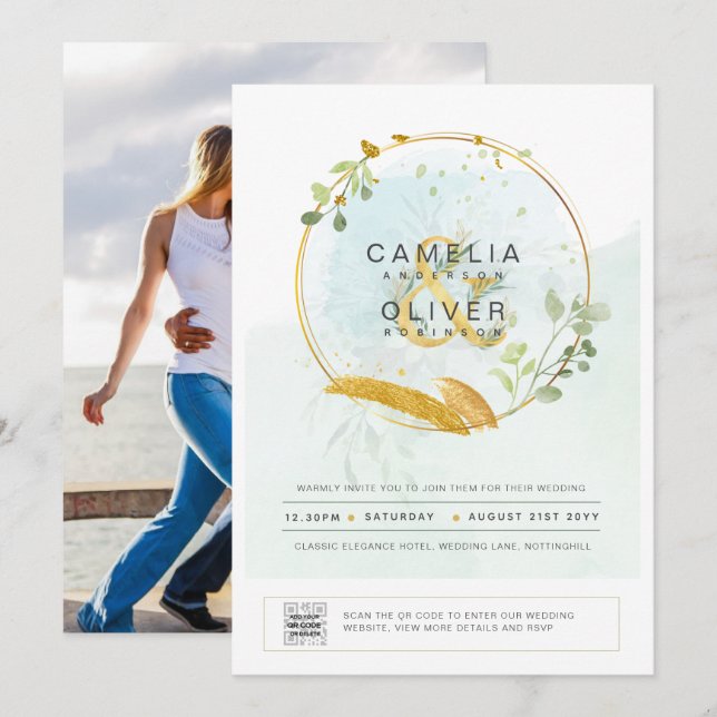 Foto de Casamento de Convite em Verde Moderno CÓDI (Frente/Verso)