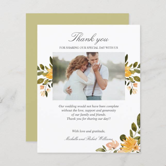 Foto de casamento floral amarelo e verde OBRIGADA (Frente/Verso)