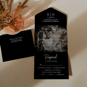 Foto de casamento preto moderno RSVP Monograma