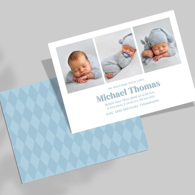 Foto de Colagem de Nascimento do Bebê Boy Blue Per (Baby boy birth announcement with blue herringbone pattern.)