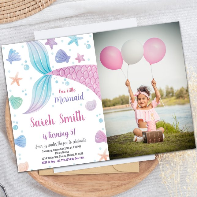 Foto de Convites de Aniversário da Sereia Rosa-Ros (Purple Pink Mermaid Tail Birthday Invitations phot)