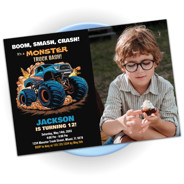 Foto de Convites de Aniversário do Caminhão de Mon (Blue Monster Truck Birthday Invitations Photo)