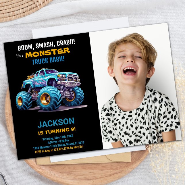 Foto de Convites de Aniversário do Caminhão de Mon (Blue Monster Truck Birthday Invitations Photo)