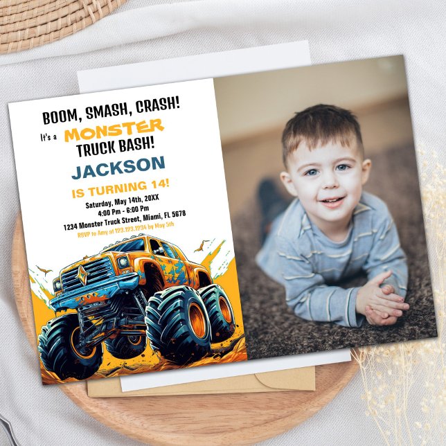 Foto de Convites de Aniversário do Caminhão de Ora (Orange Monster Truck Birthday Invitations Photo)