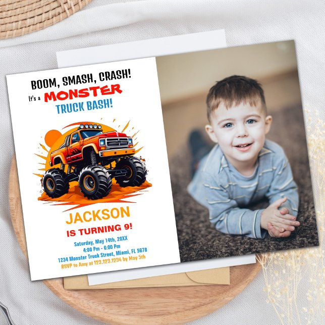 Foto de Convites de Aniversário do Caminhão de Ora (Orange Monster Truck Birthday Invitations Photo)