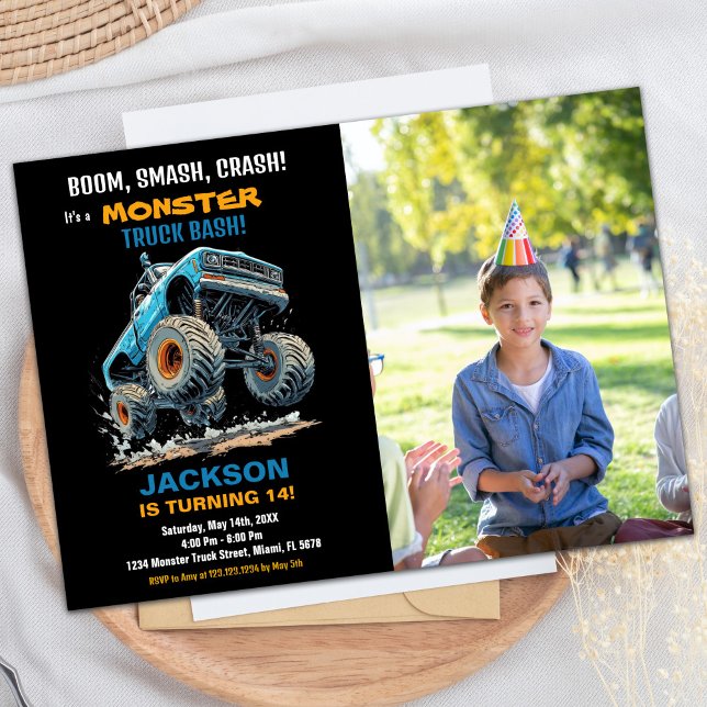 Foto de Convites de Aniversário do Caminhão de Sal (Jump Monster Truck Birthday Invitations Photo)