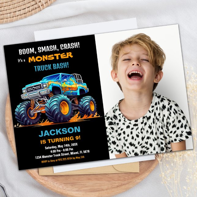 Foto de Convites de Aniversário do Caminhão-Negro (Black Monster Truck Birthday Invitations Photo)