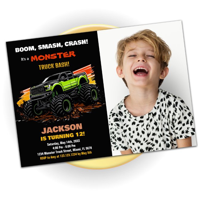 Foto de Convites de Aniversário do Caminhão Verde (Green Monster Truck Birthday Invitations Photo)