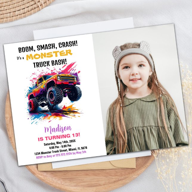 Foto de Convites de Aniversário do Monstro Rosa (Pink Monster Truck Birthday Invitations Photo)