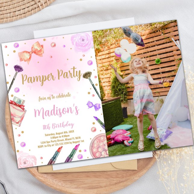 Foto de Convites de Aniversário do Partido Pamper  (Pink Purple Pamper Party Birthday Invitations phot)