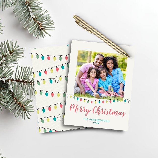 Foto de Feriado das Luzes de Natal Rosa-Teal de Or (Budget Teal Pink Christmas Lights Holiday Photo Card)