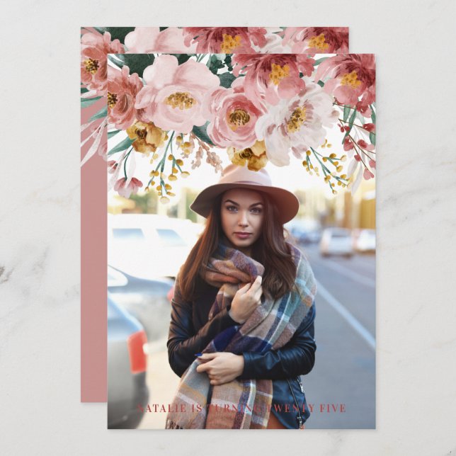 Foto de Girly Watercolor floral editável (Frente/Verso)