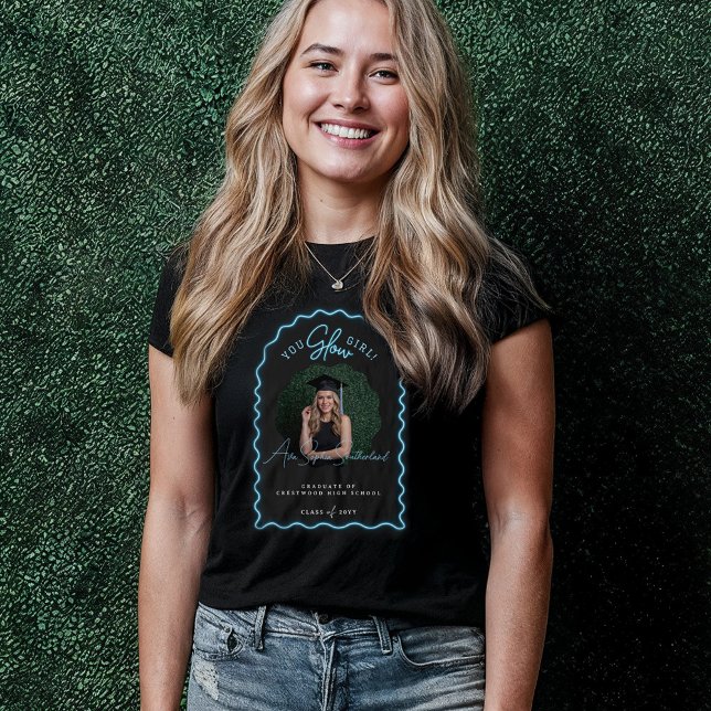 Foto De Graduação De Néon Azul De Luz Brilhante (You Glow Girl Wavy Blue Neon Graduation Photo Tri-Blend Shirt)