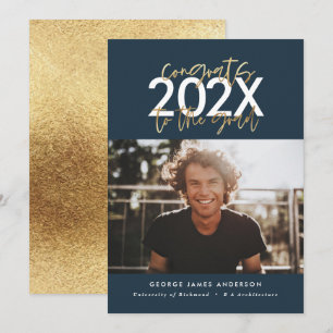 Foto de graduação de script moderno azul e doura