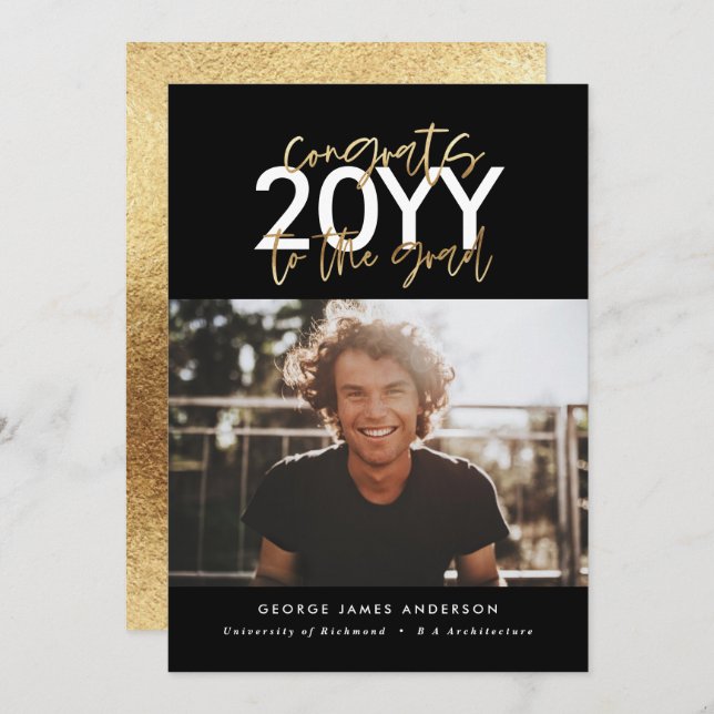 Foto de graduação em preto-e-ouro moderno de rotei (Frente/Verso)