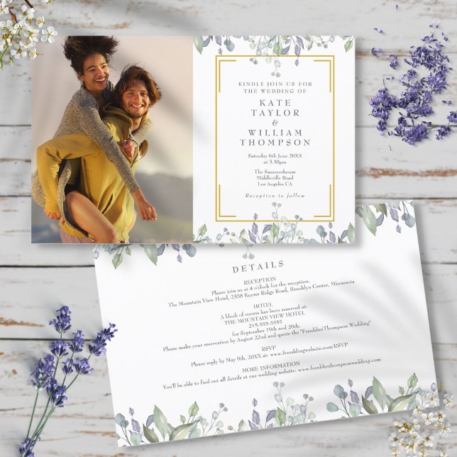 Foto De Greenerescência De Orçamento Tudo Em Um Co (Budget Greenery Photo All In One Wedding Invite)