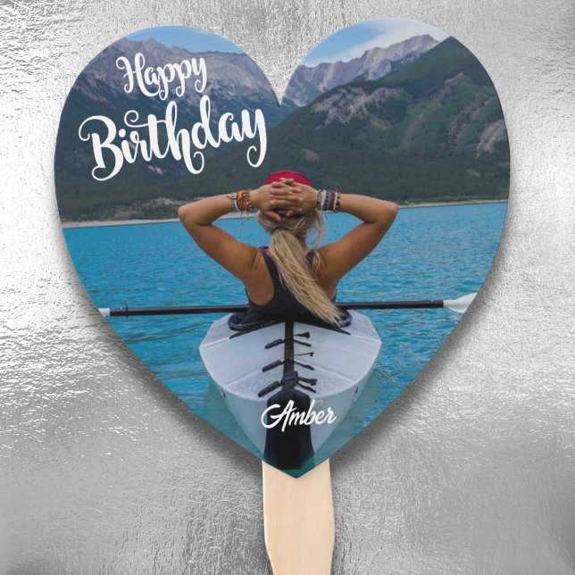 Foto de Leque Manual em Formato de Coração com Tex (Heart-Shaped Custom Photo Birthday Hand Fan | Personalized Party Favor - Birthday Depot)