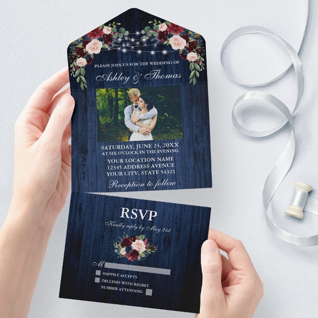 Foto De Luzes Azuis Florais De Casamento Russo (All In One Wedding Invitation with tear off RSVP Card)