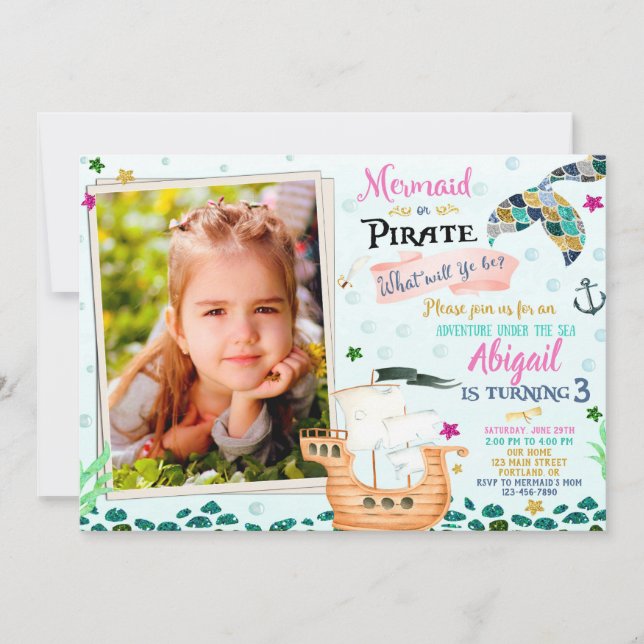 Foto de Mermaid e convite de aniversário de Pirate (Frente)