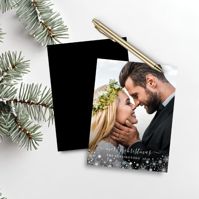 Foto de Natal Black White Winter Flocos de Neve (Black White Winter Snowflakes Christmas Photo Holiday Card)