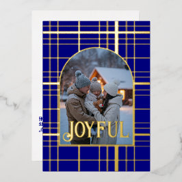 Foto de Natal de Gingham Azul e Dourado do marinho