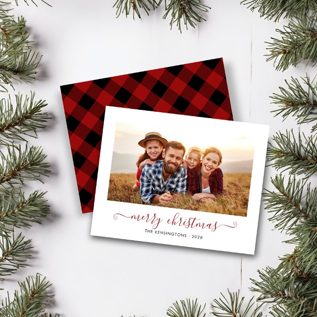 Foto de Natal de Script de Xadrez de Buffalo Verme (BUDGET Red Buffalo Plaid Script Christmas Photo Card)