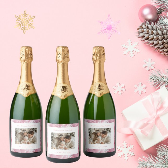 Foto de Natal do Floco de Neve Rosa Vitoriano (Pink Snowflake Christmas Photo Sparking Wine Labels)