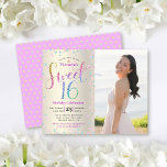 Foto de Orçamento Sweet 16 Rainbow Glitter Dourado<br><div class="desc">"Feliz Doce 16". Envie este convite de festas de fotos de orçamento impressionante, brilhante, giro, festivo, moderno, personalizado, para um evento a ser lembrado. A tipografia do arco-íris com escrita reluzente e turquesa festiva, cor-de-rosa púrpura e confete dourado, cobre um fundo metálico de folha de ouro de champanhe na metade...</div>
