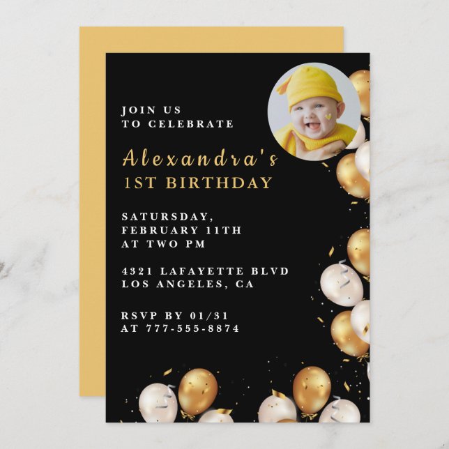 Foto do balão Dourado de convite para primeiro ani (Frente/Verso)