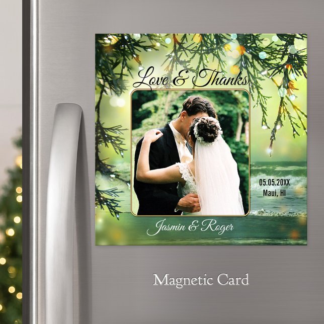 Foto Do Casamento Da Praia Obrigado Cartão Magnéti (Wedding Thank You magnetic card featuring your photo framed by a festive teal sparkling beach )