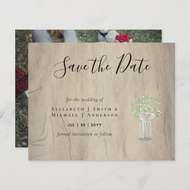 Foto do CHEAP Salvar Datas Rustic Gypsophila Mason (Frente/Verso)