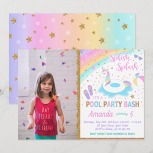 Foto do Convite de Festa de Piscina Unicorn, rosa 
