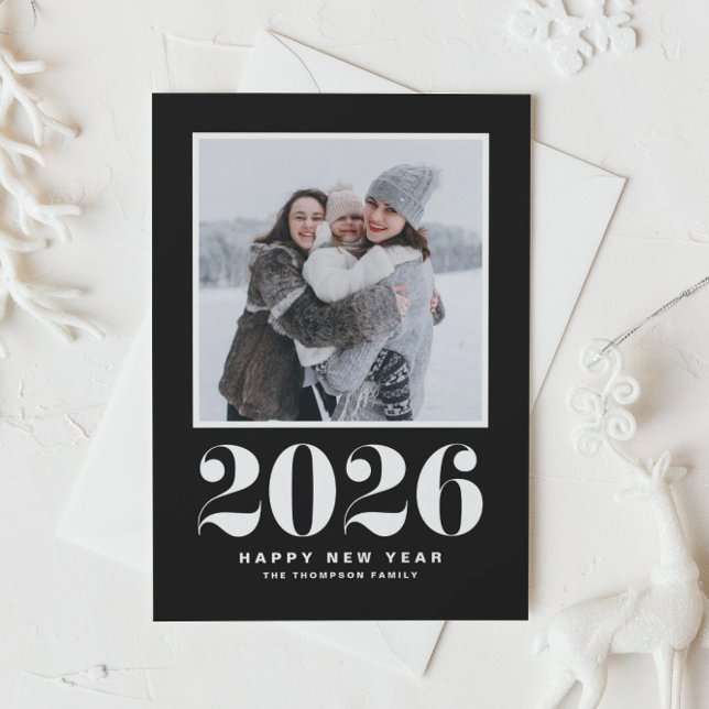 Foto do Feliz ano novo Preto Tipografia 2025 (Ring in 2026 with a stylish retro flair using this black and white Happy New Year photo card.)