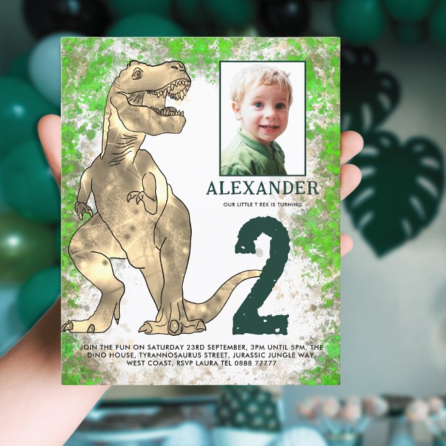 Foto do Partido segundo aniversário da Selva do Di ( T-Rex dinosaur 2nd birthday party budget invitation with photo template and watercolor jungle )