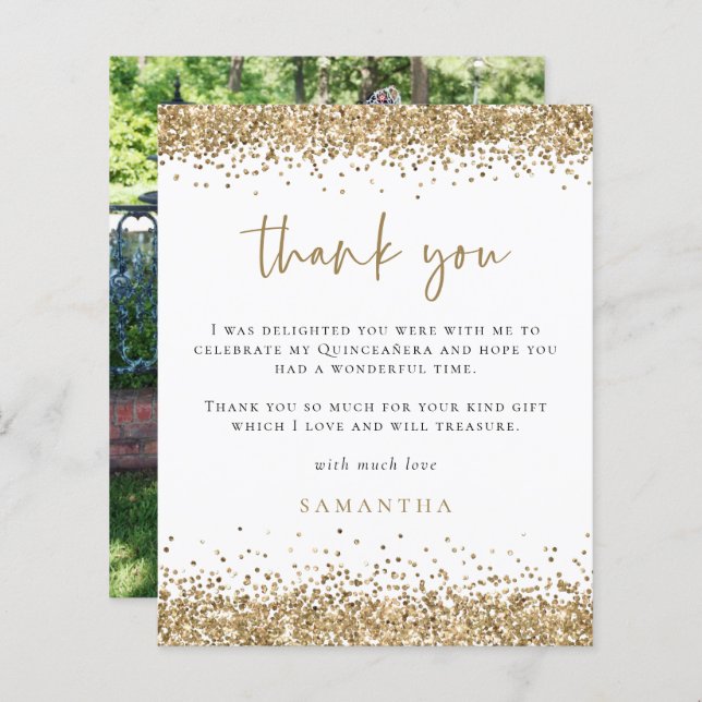 Foto Dourada do orçamento Quinceañera Obrigado (Frente/Verso)