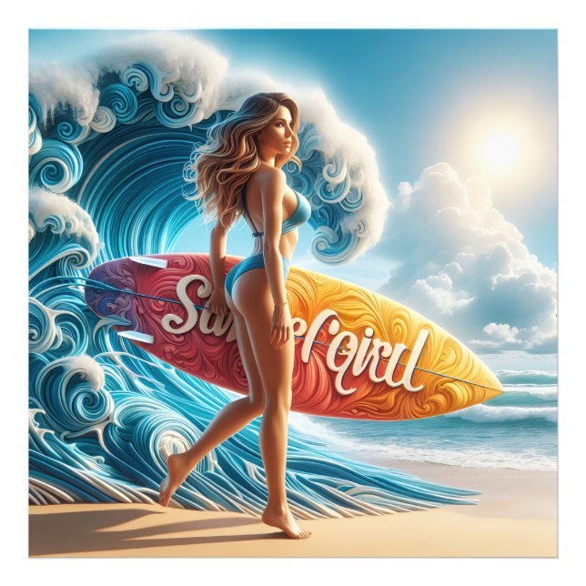 Foto Dynamic Surfer Girl Walking Beach Waves Art (Frente)