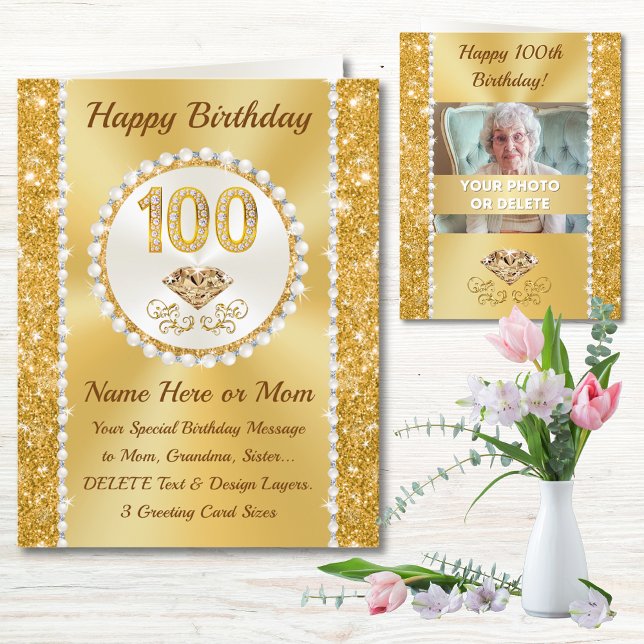 Foto e personalização, Feliz 100º Cartão de Aniver (100th birthday card for mum. 100th birthday cards female. 100th birthday card ideas. Grandmother.   )