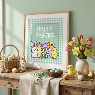 Foto Easter Bunny Chick Eggs Green Gingham