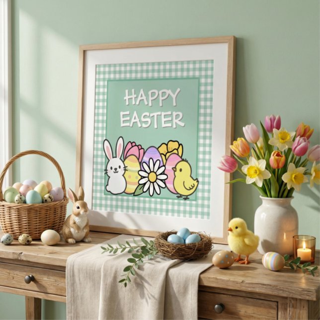 Foto Easter Bunny Chick Eggs Green Gingham (Criador carregado)