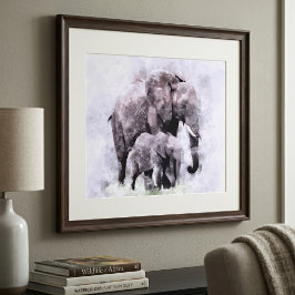 Foto Elefante-Africano Fêmea com Filhote Aquarela