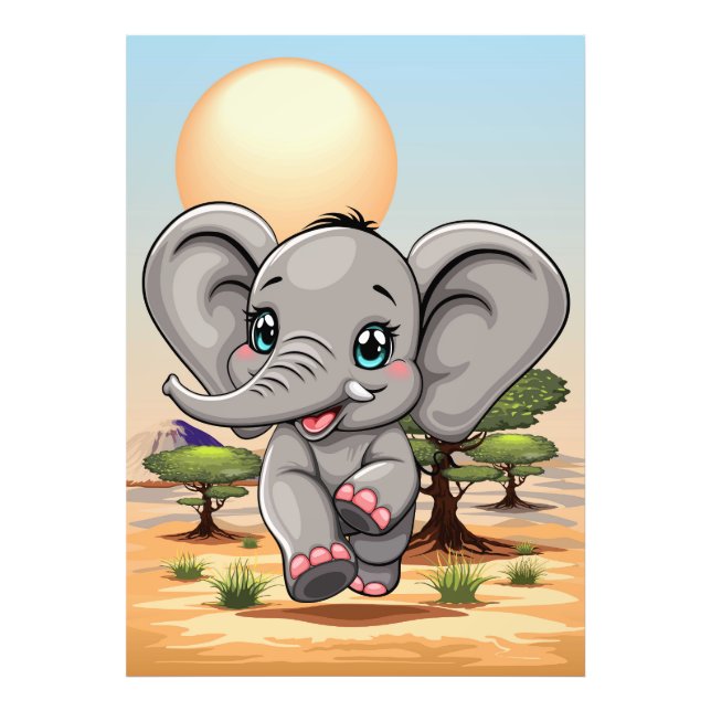 Foto Elefante Bebê Pulando Feliz em Savana Africana (Frente)