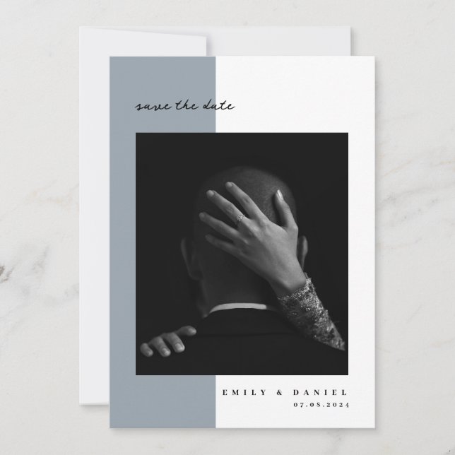 Foto Elegante Azul Dusty Salve a data Convite (Frente)